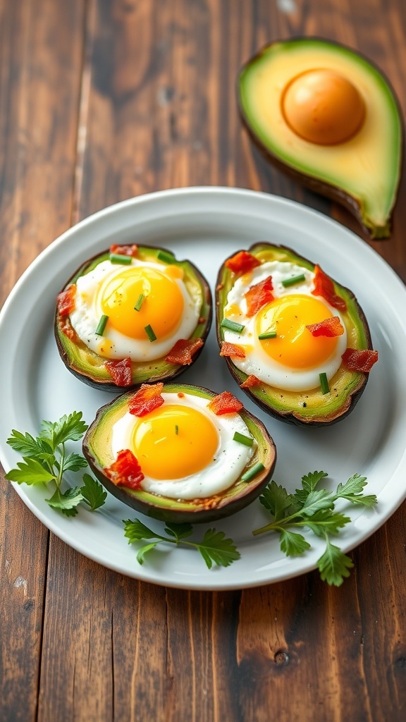 Avocado and bacon egg cups with baked eggs in avocado halves, garnished with chives on a rustic table.